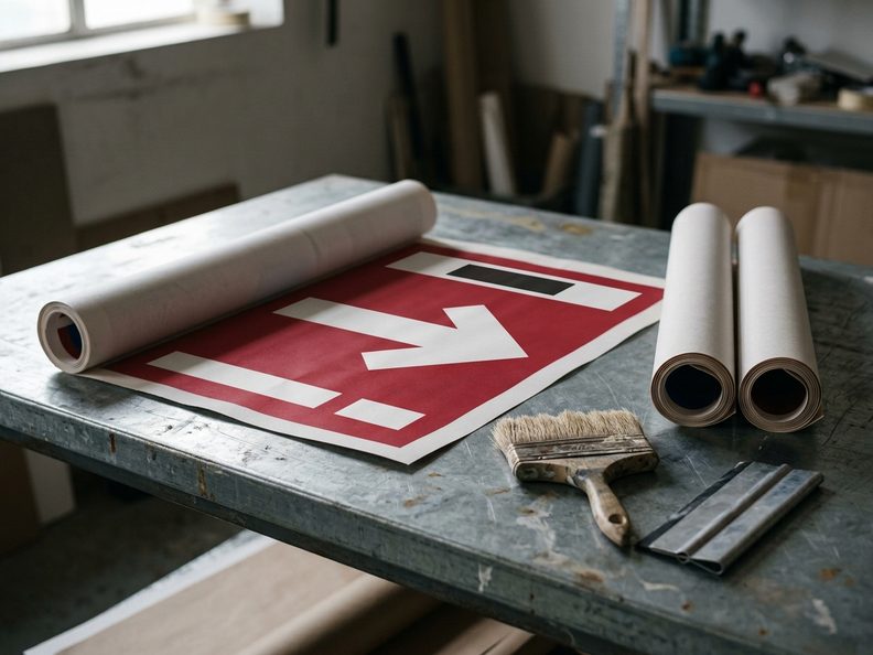 Affiche grand format déroulée sur un établi, à côté de rouleaux d'affiches imprimées, d'une brosse à maroufler et d'une raclette